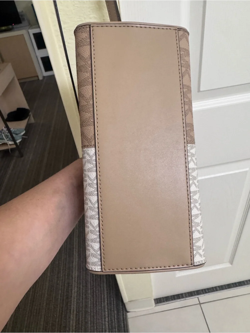 Michael Kors Beige and White Logo-Print Tote with Gold Charm